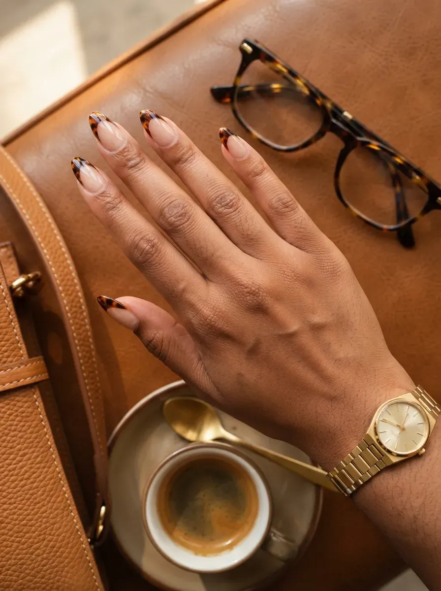 Deep tortoiseshell French tips on almond nails with warm brown skin