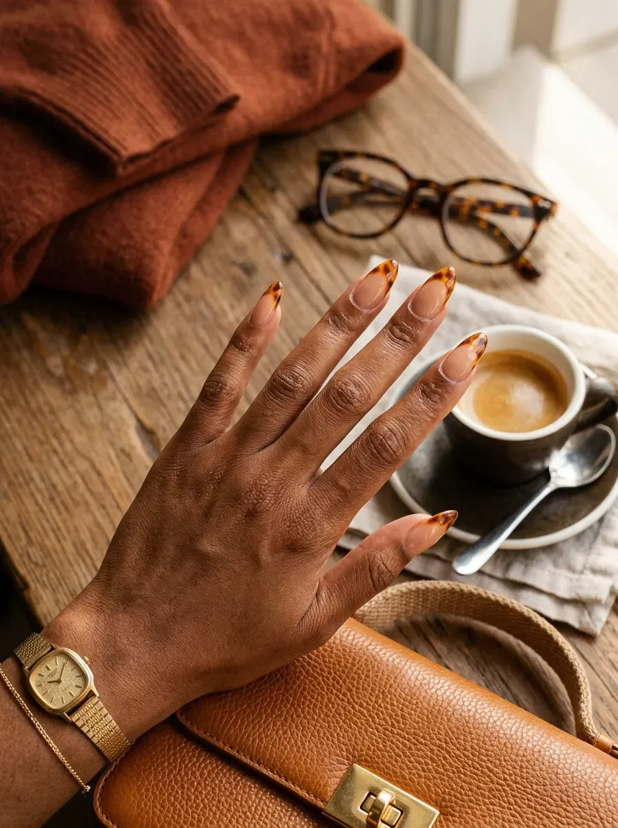 Long nude almond nails with translucent tortoiseshell French tips on brown skin