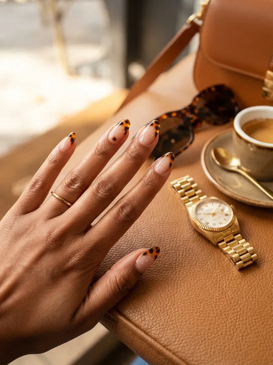Tortoiseshell French tips on almond nails with amber and brown patterning