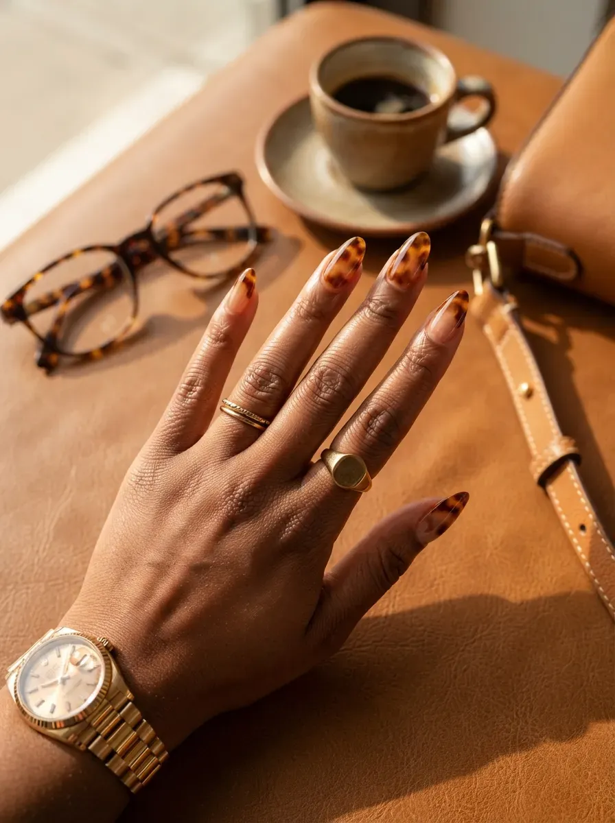 Tortoiseshell patterned French tips on almond nails over warm brown skin