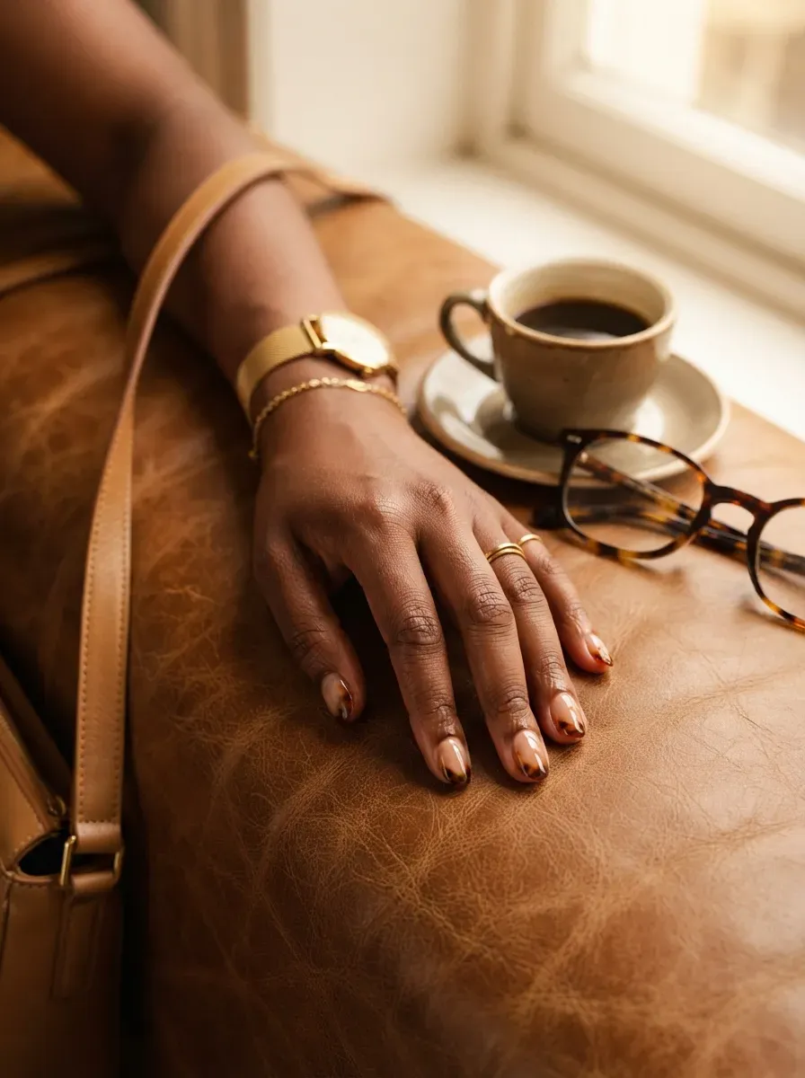 Short nude nails with amber tortoiseshell French tips on deep chestnut skin
