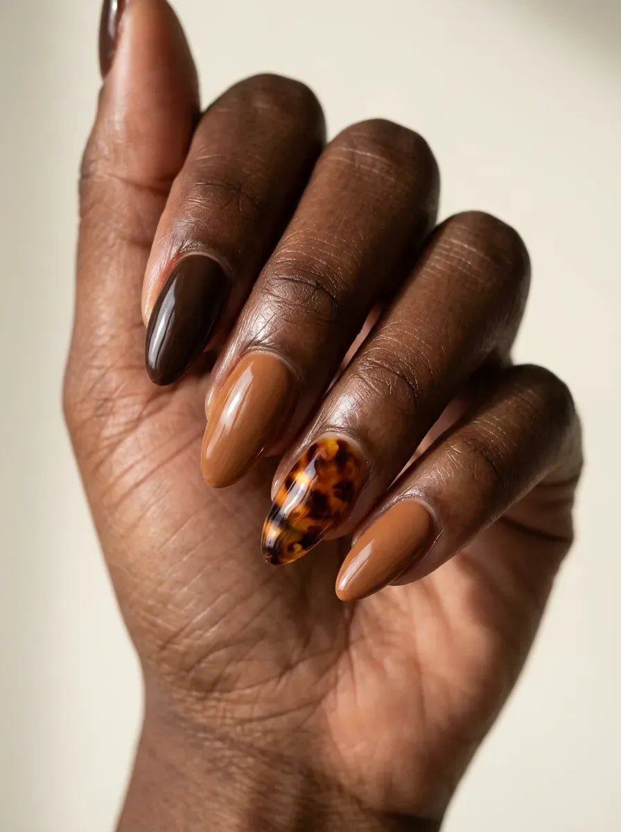 Tortoiseshell gel accent nails mixed with warm brown glossy manicure on rich dark skin