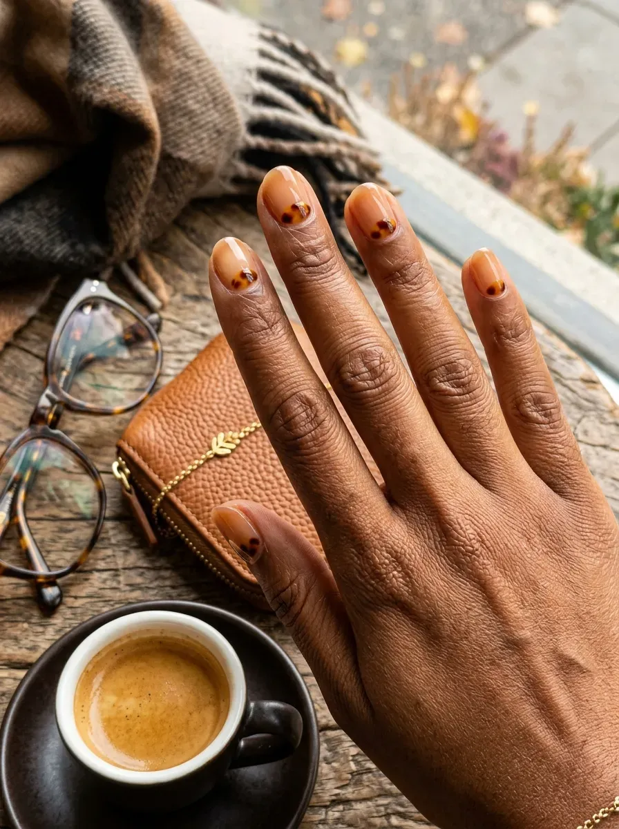 Short sheer nails with tortoiseshell half moons near cuticles on brown skin