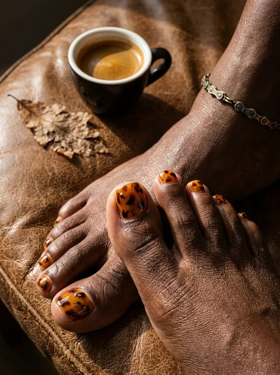 Amber tortoiseshell pedicure on short toenails with deep brown skin