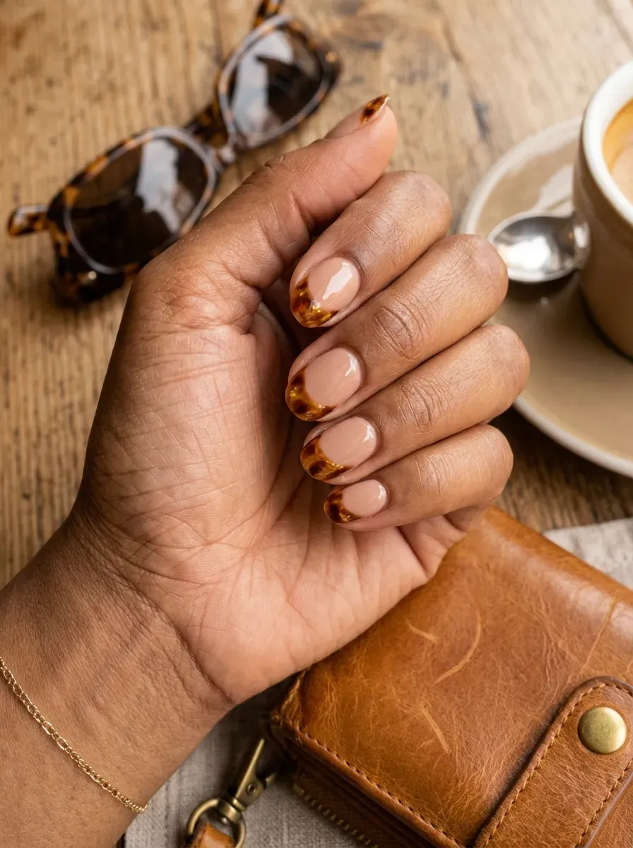 Short nude nails with amber tortoiseshell side tips on warm brown skin