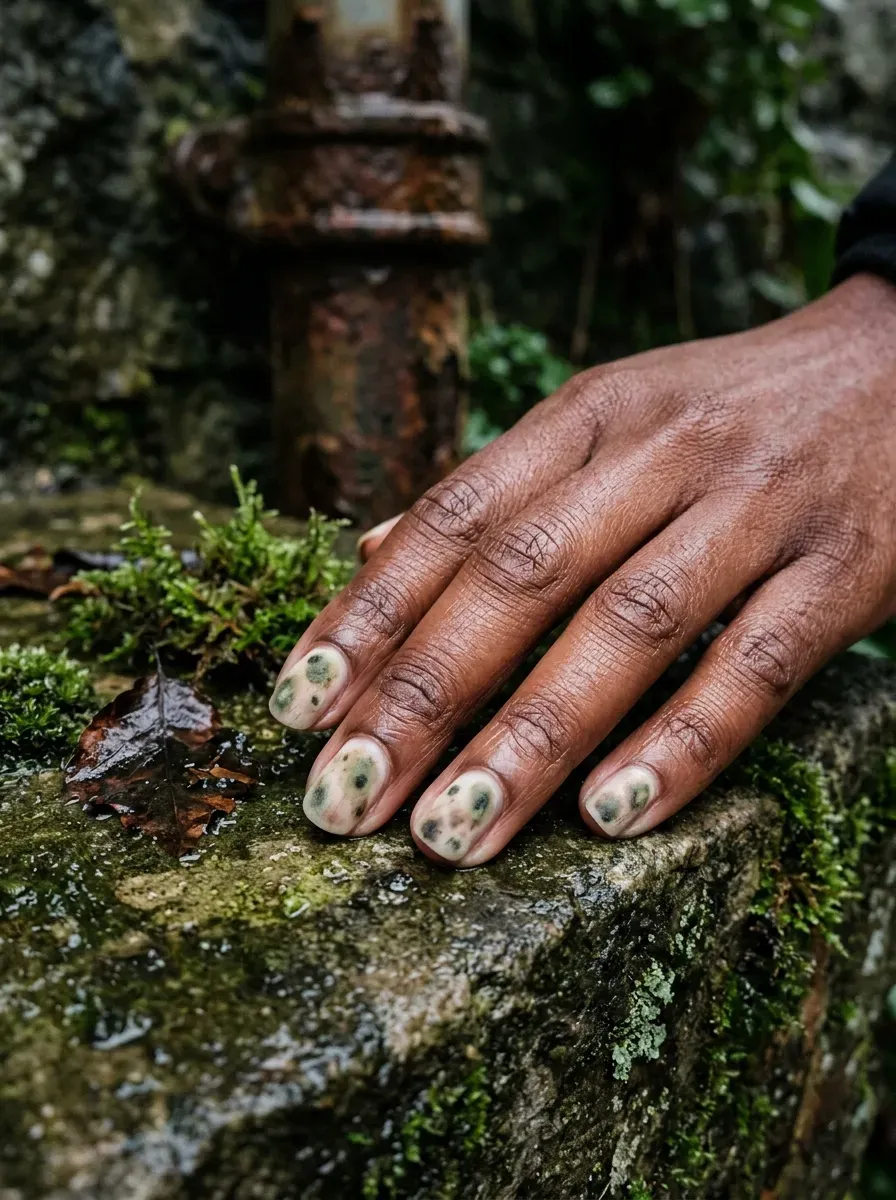 Close-up of yellow-green to olive decay ombre nails on brown skin with warm undertones