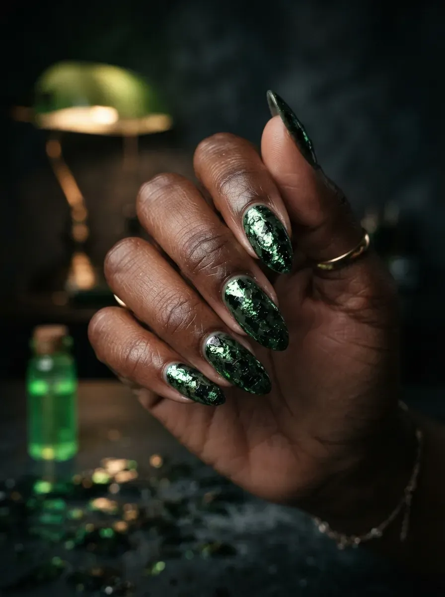 Close-up of green and black foil flake sludge nail art on rich dark skin tone
