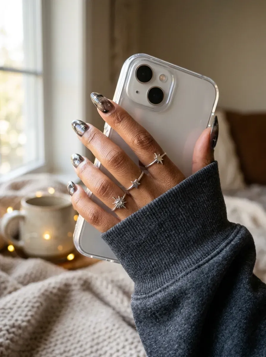 Smoky sheer black nails decorated with tiny silver glitter starbursts