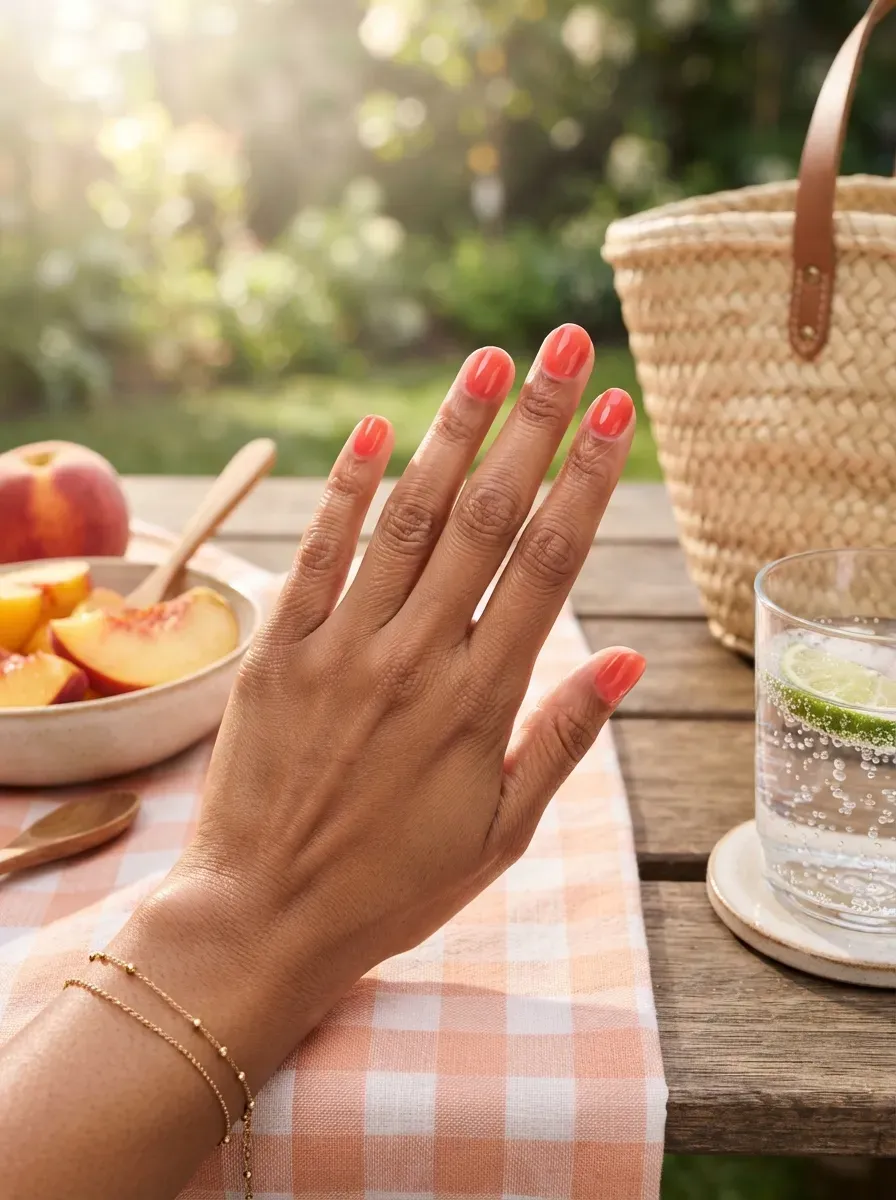 Short rounded nails layered with transparent coral jelly polish