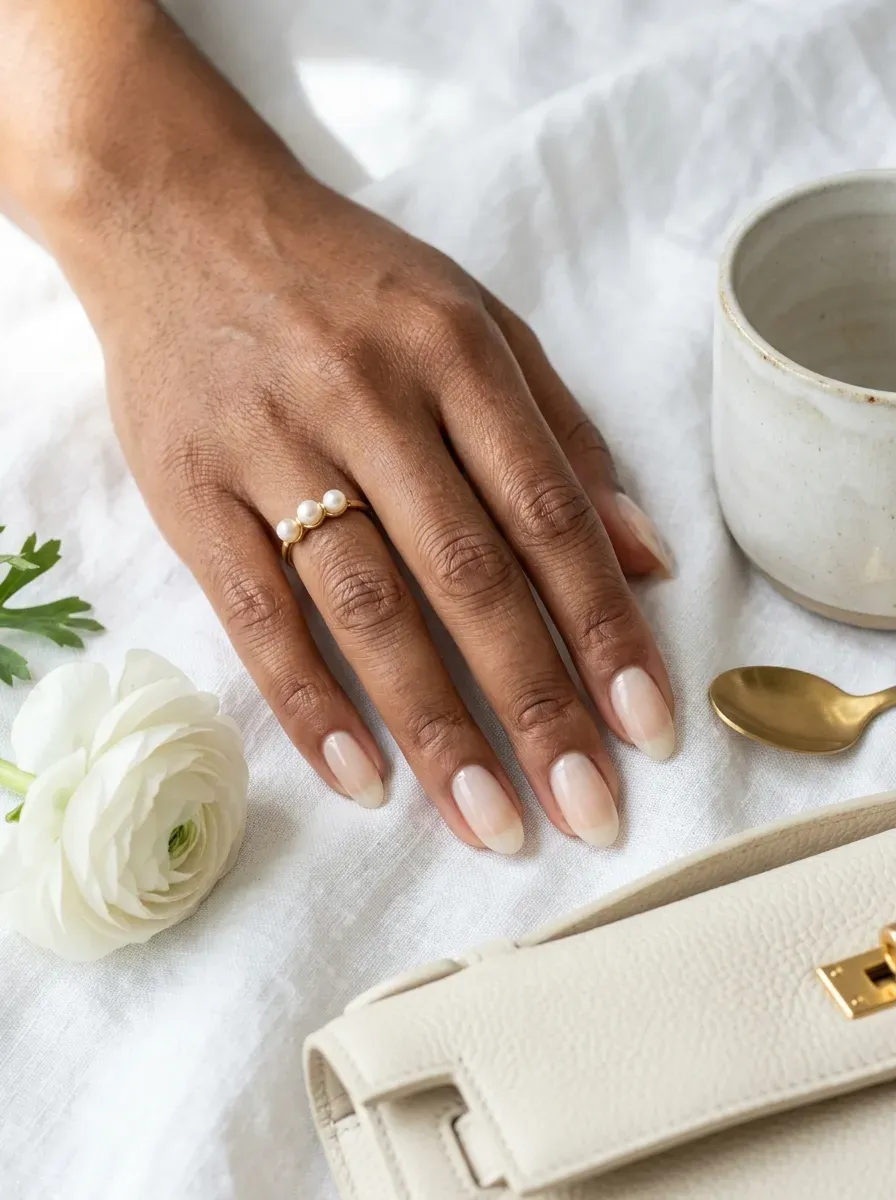 Translucent ivory French tips on natural oval nails with warm brown skin