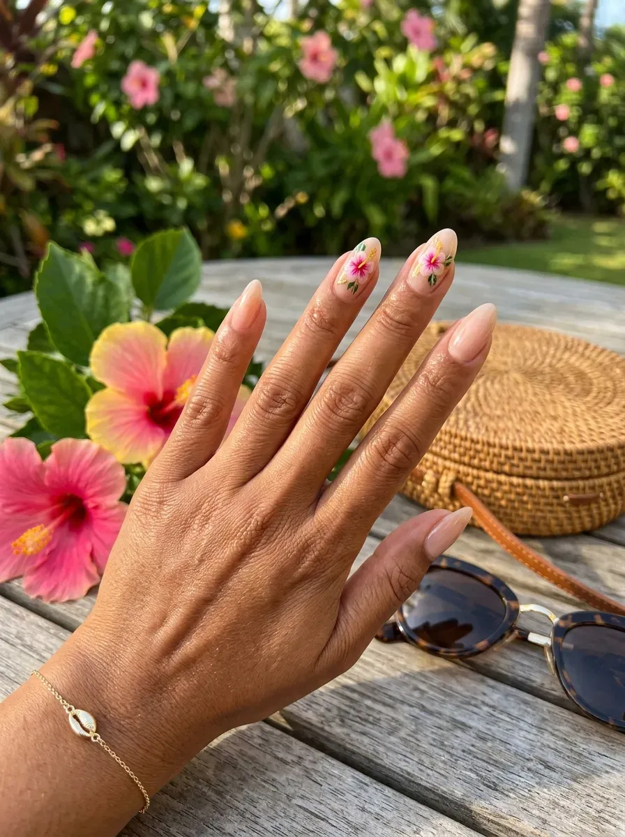 Nude almond nails with tiny tropical flower accents on warm brown skin