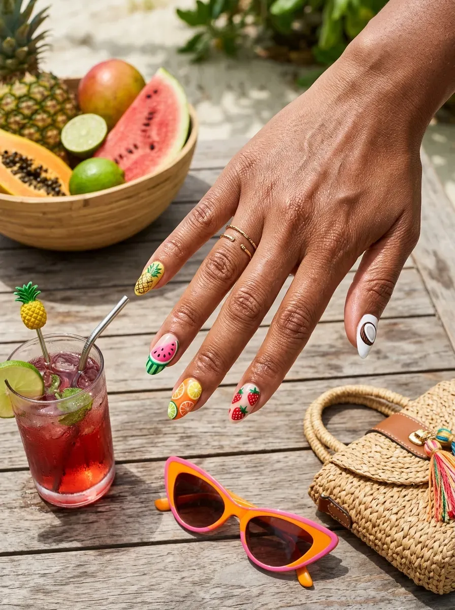 Different tropical fruit French tips across almond nails on warm brown skin