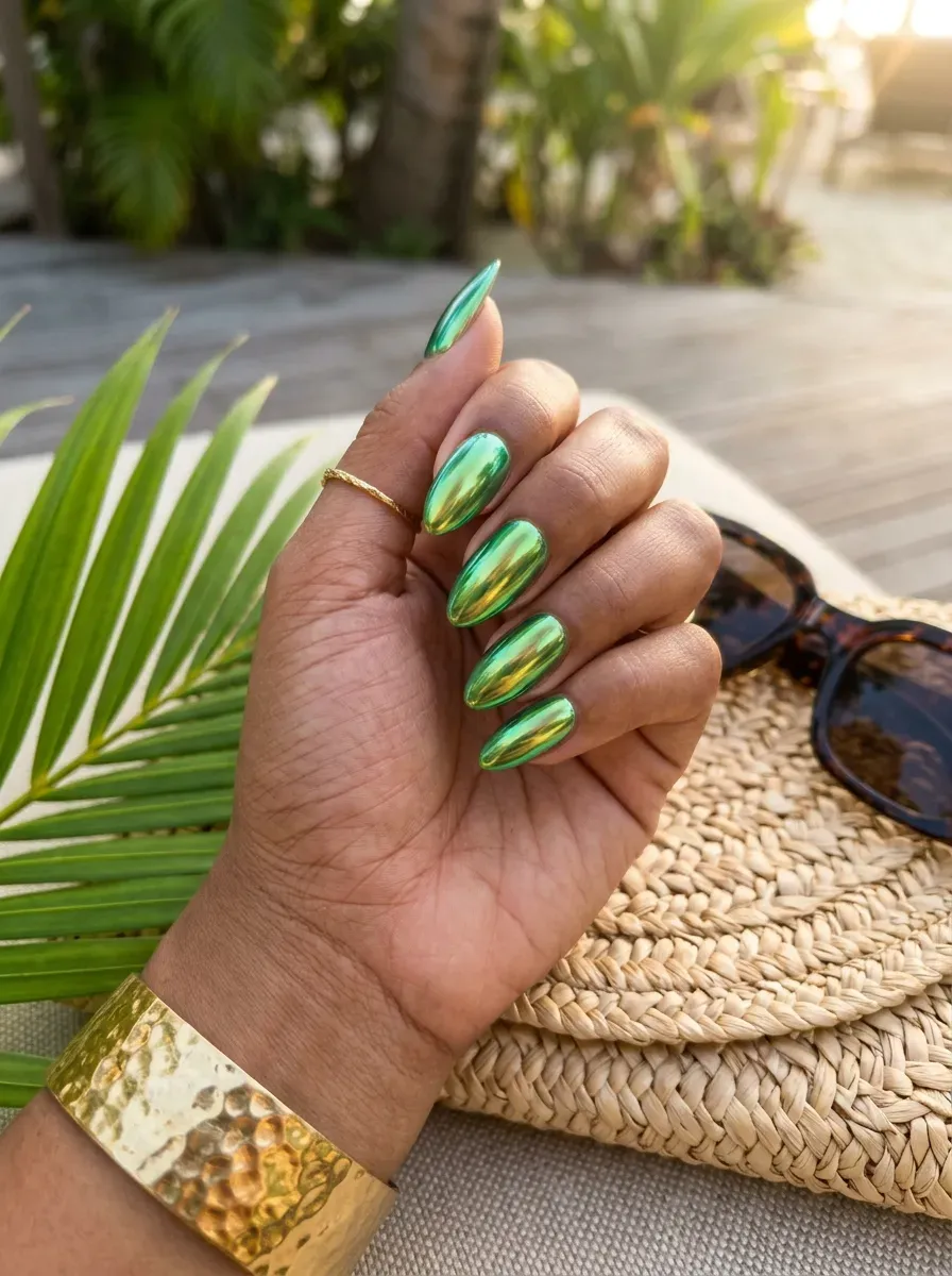 Green chrome almond nails with reflective tropical finish on brown skin