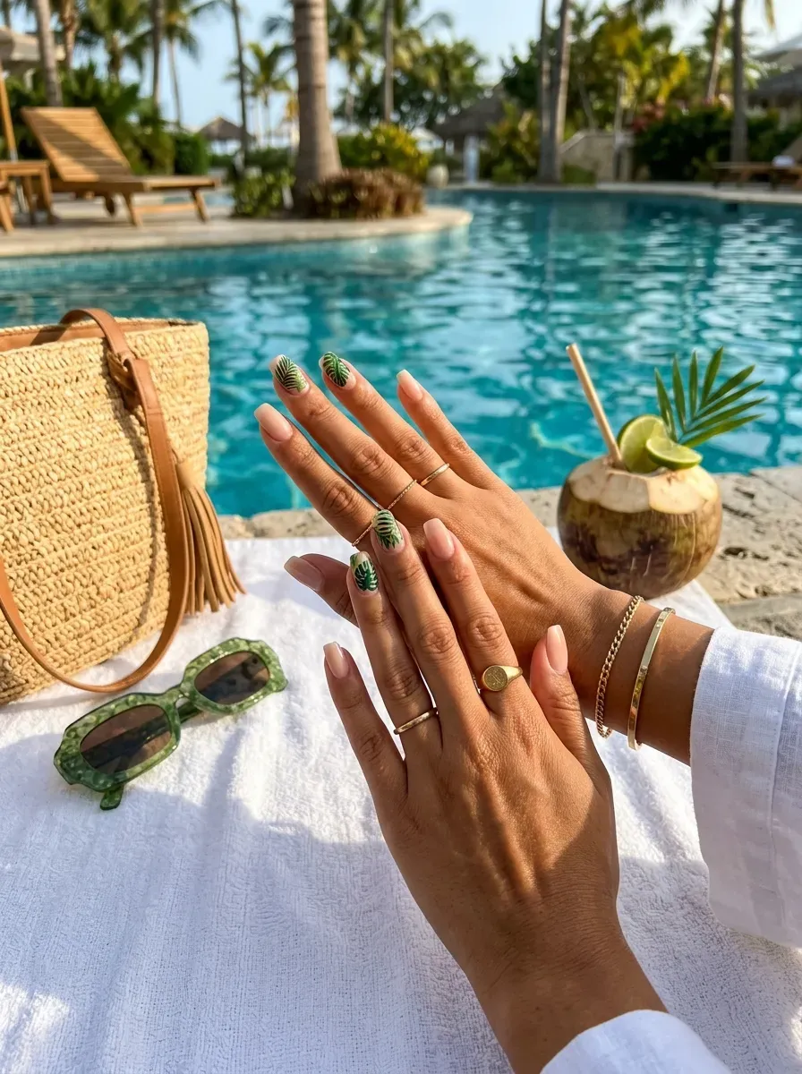 Sheer nude nails with green tropical leaf accents beside swimming pool