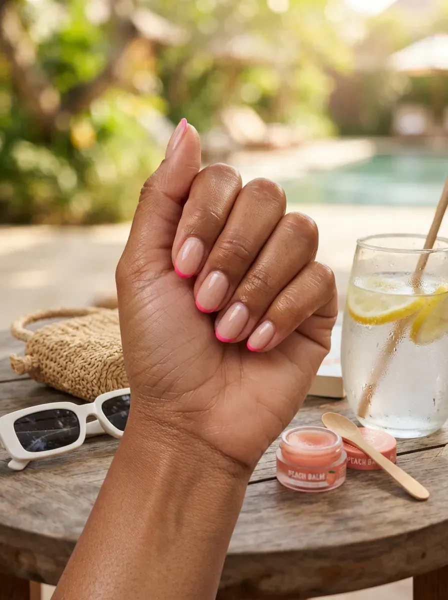 Short nude nails with tropical pink French tips on brown skin