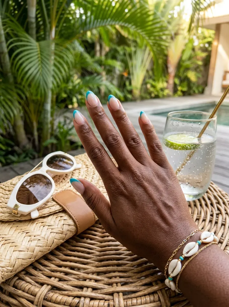 Short almond nails with thin turquoise French tips on deep brown skin