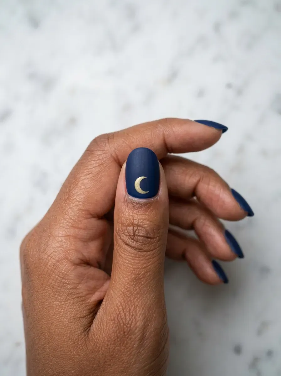 Crescent moon nail art design on a dark accent nail