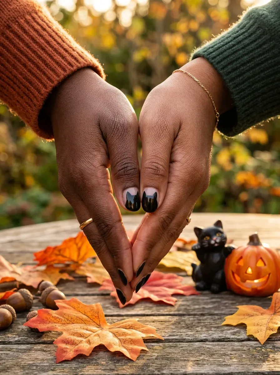 Two accent nails together forming one black cat silhouette split down the middle on deep chestnut skin and brown skin with warm undertones