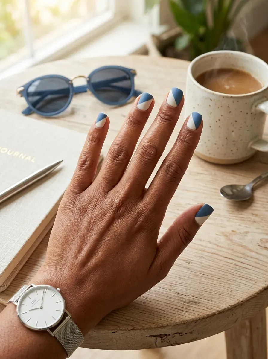 Short nails with easy diagonal blue and cream two-tone polish