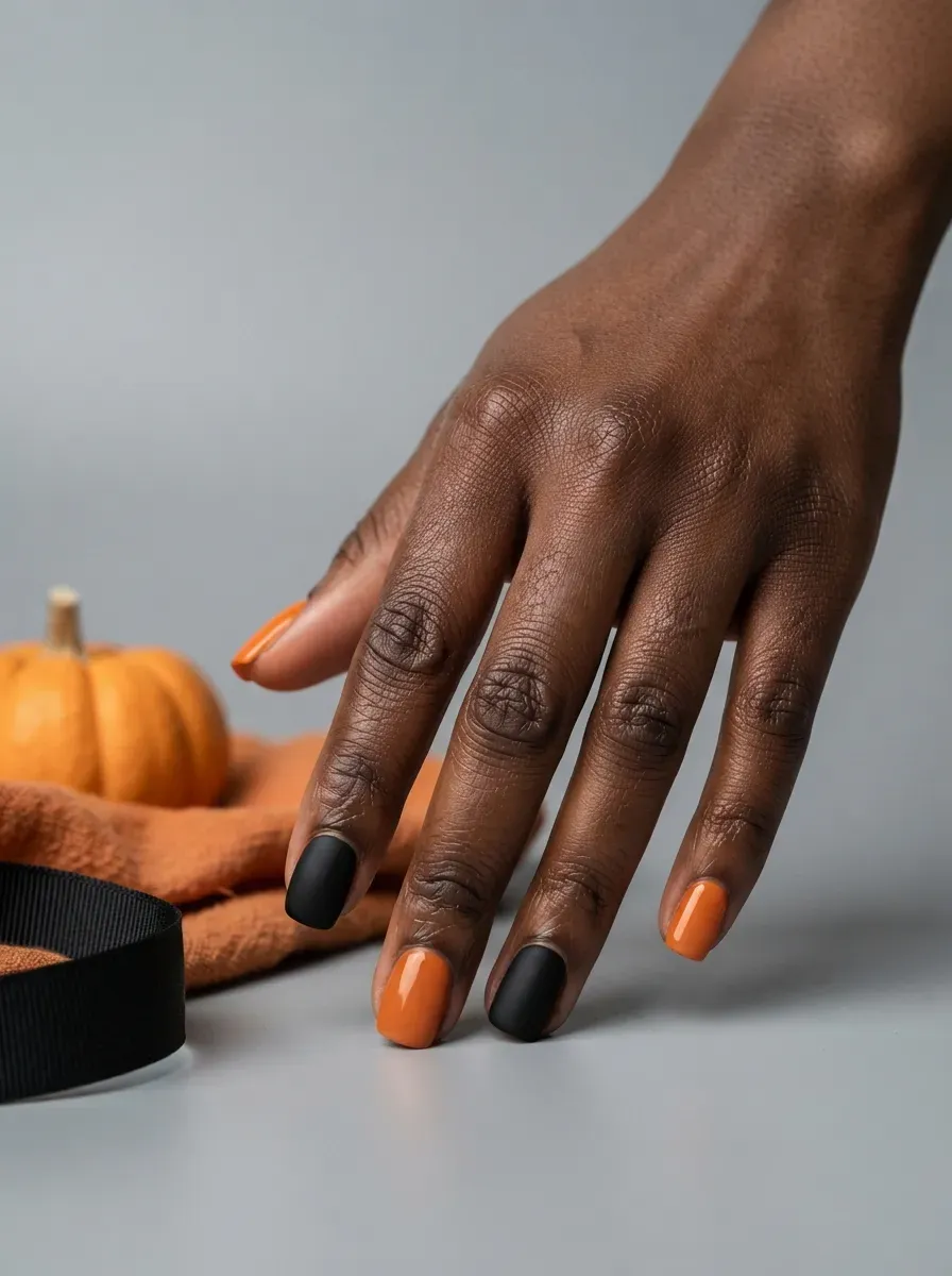 Short nails alternating solid orange and matte black polish across the hand on deep brown skin