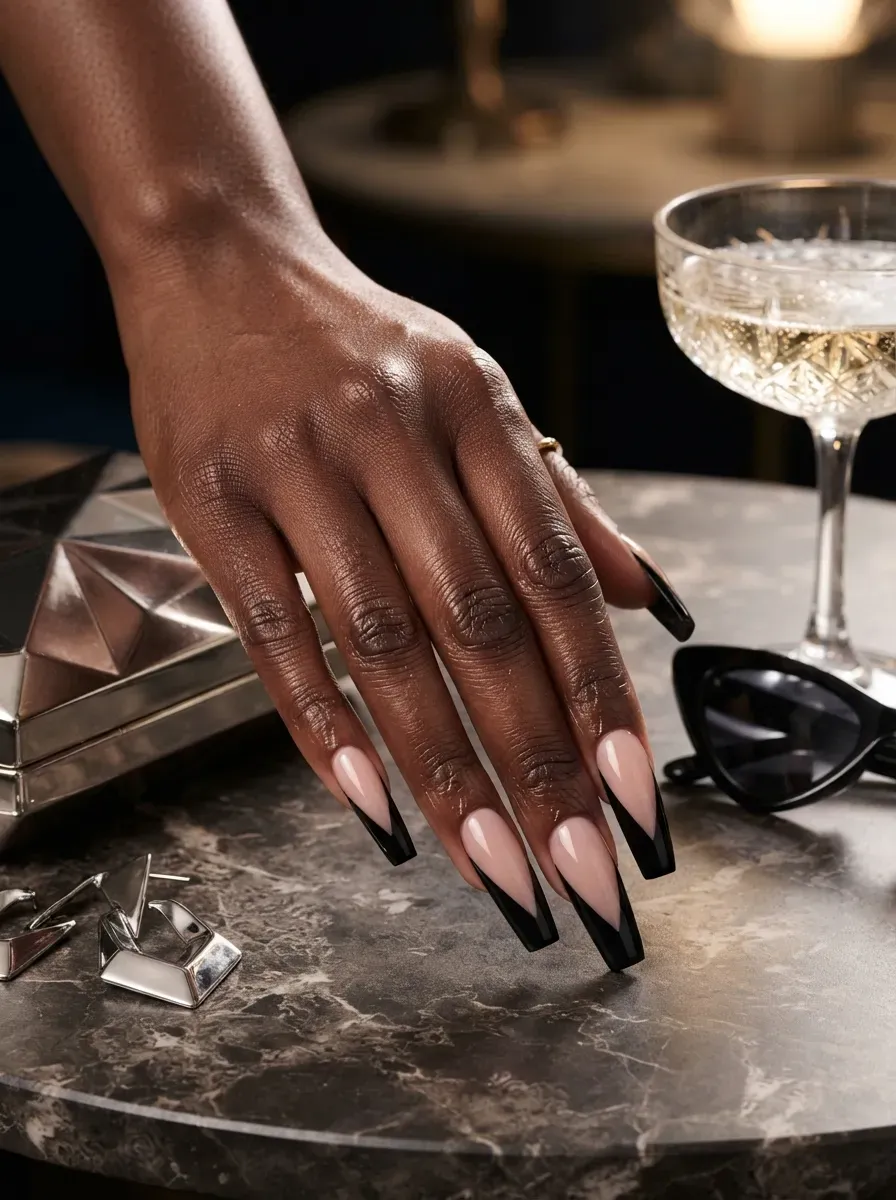 Deep V shaped French tips on long coffin nails with chestnut skin