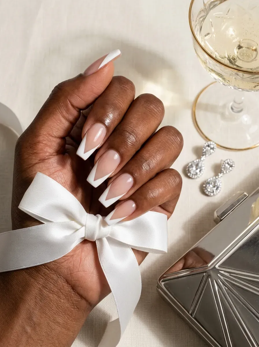 Sharp white V shaped French tips on coffin nails with chestnut skin