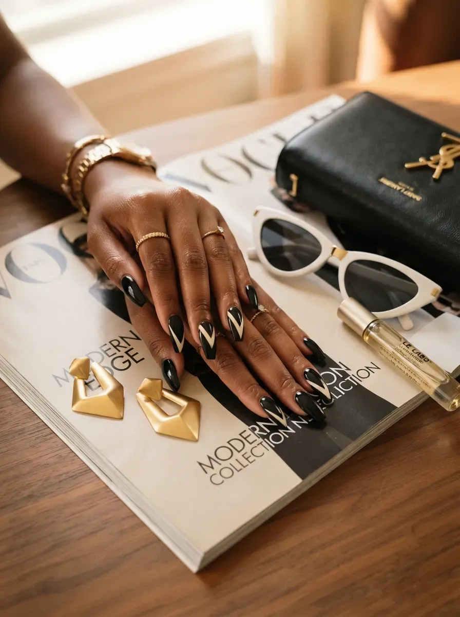 Long coffin nails with sharp white V shaped French tips on warm brown skin