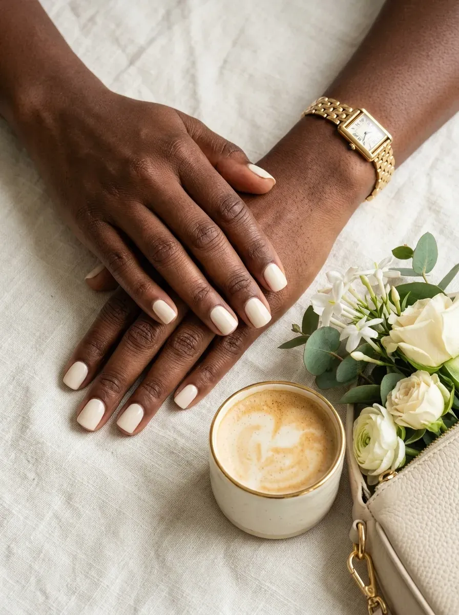 Vanilla cream French tips on short square nails over deep brown skin