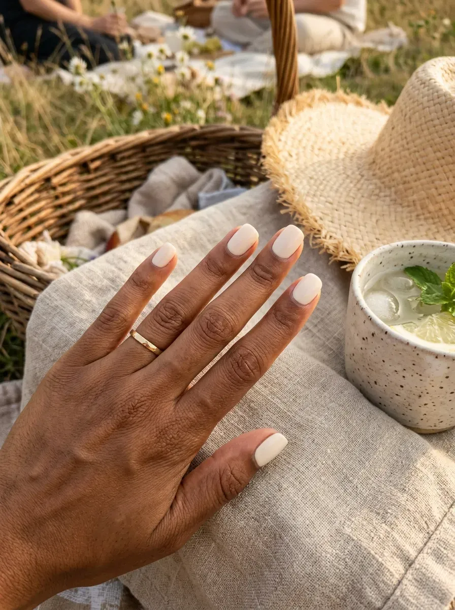 Vanilla cream short nails on warm brown skin with neutral picnic accessories