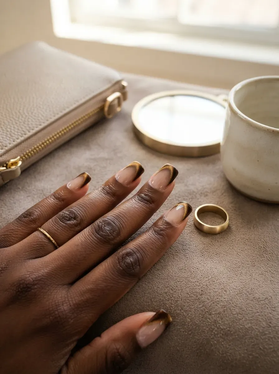 Soft velvet magnetic French tips on square nails with rich dark skin tone