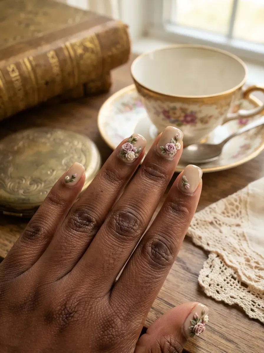 Vintage cream and dusty pink roses painted on short beige nails