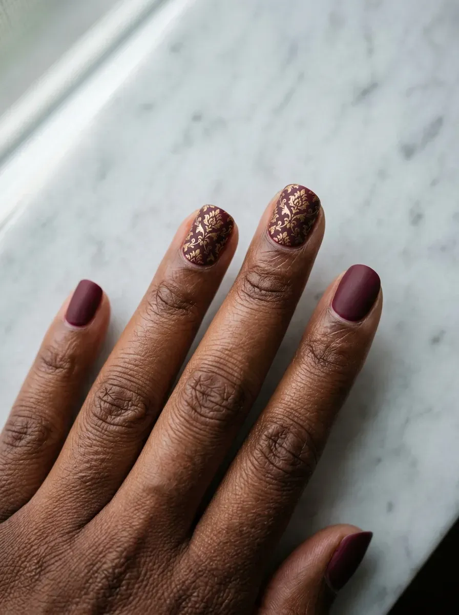 Small floral damask pattern nail art resembling vintage wallpaper