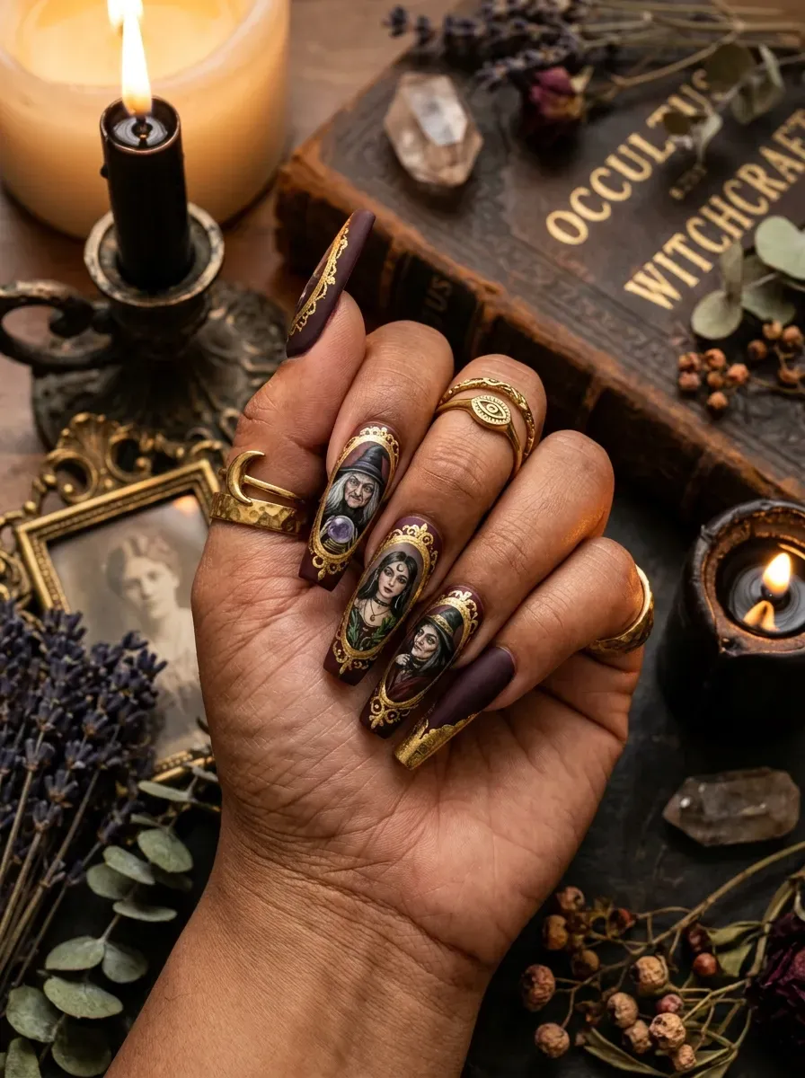Miniature vintage witch portrait nail artwork