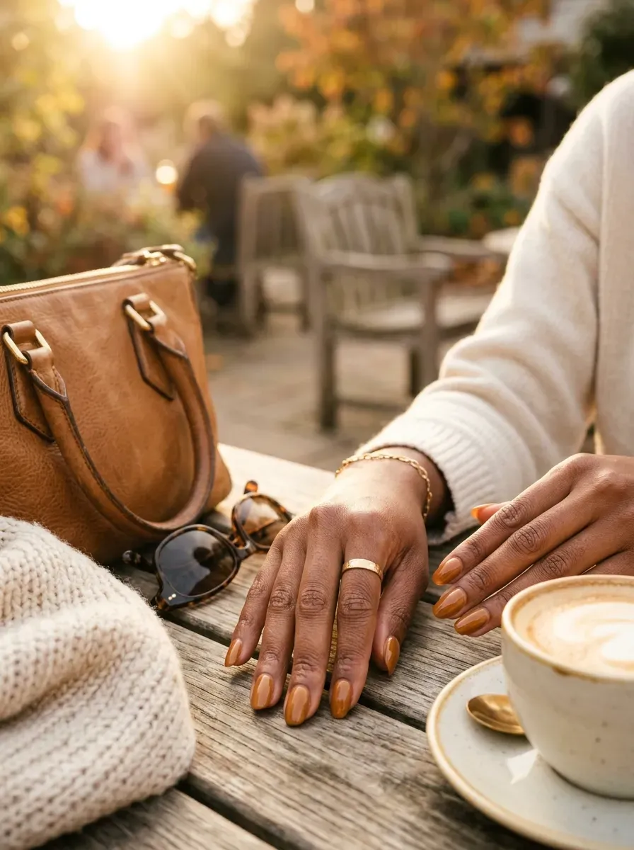 Warm amber glossy nails on warm brown skin with sunset travel accessories