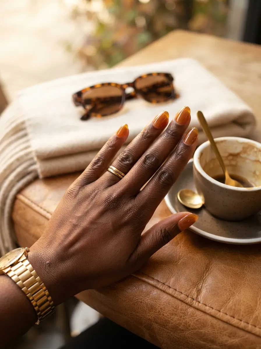 Warm translucent amber nails on deep brown skin beside caramel accessories