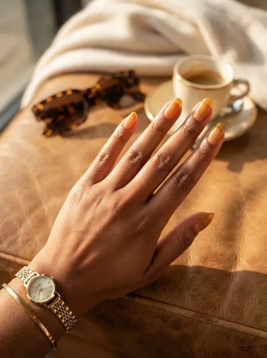 Warm translucent amber nails on brown skin beside tortoiseshell accessories