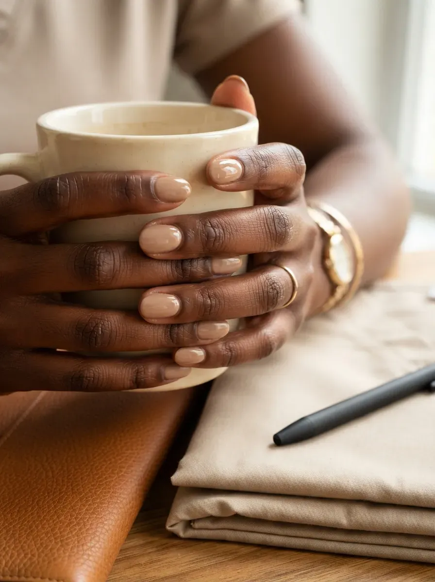 Short oval nails covered in warm caramel nude glossy polish