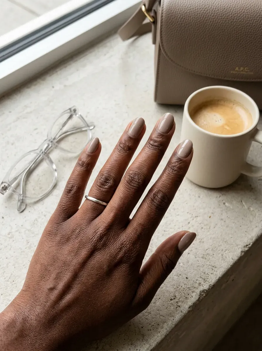 Warm gray glossy nails on deep chestnut skin beside silver accessories