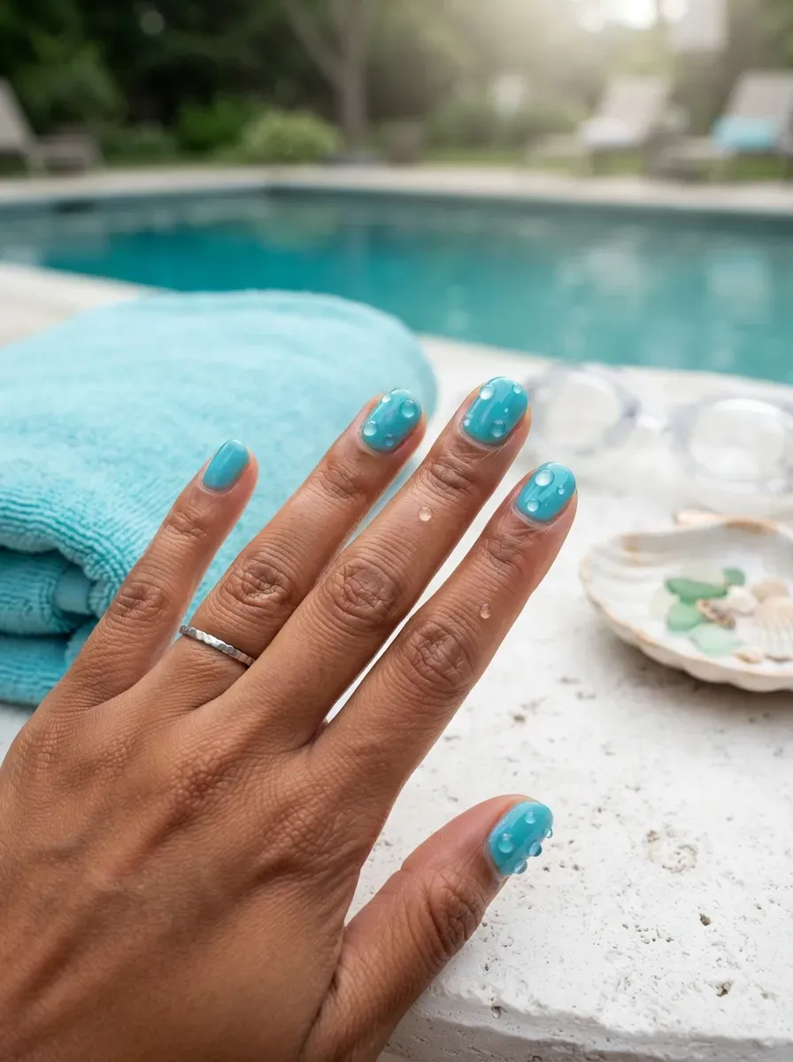 Glossy aqua nails with raised clear water-droplet nail art on brown skin