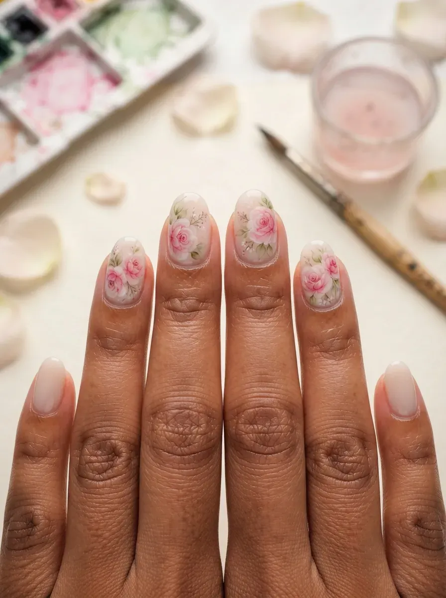 Soft watercolor pink roses painted across milky nails on brown skin