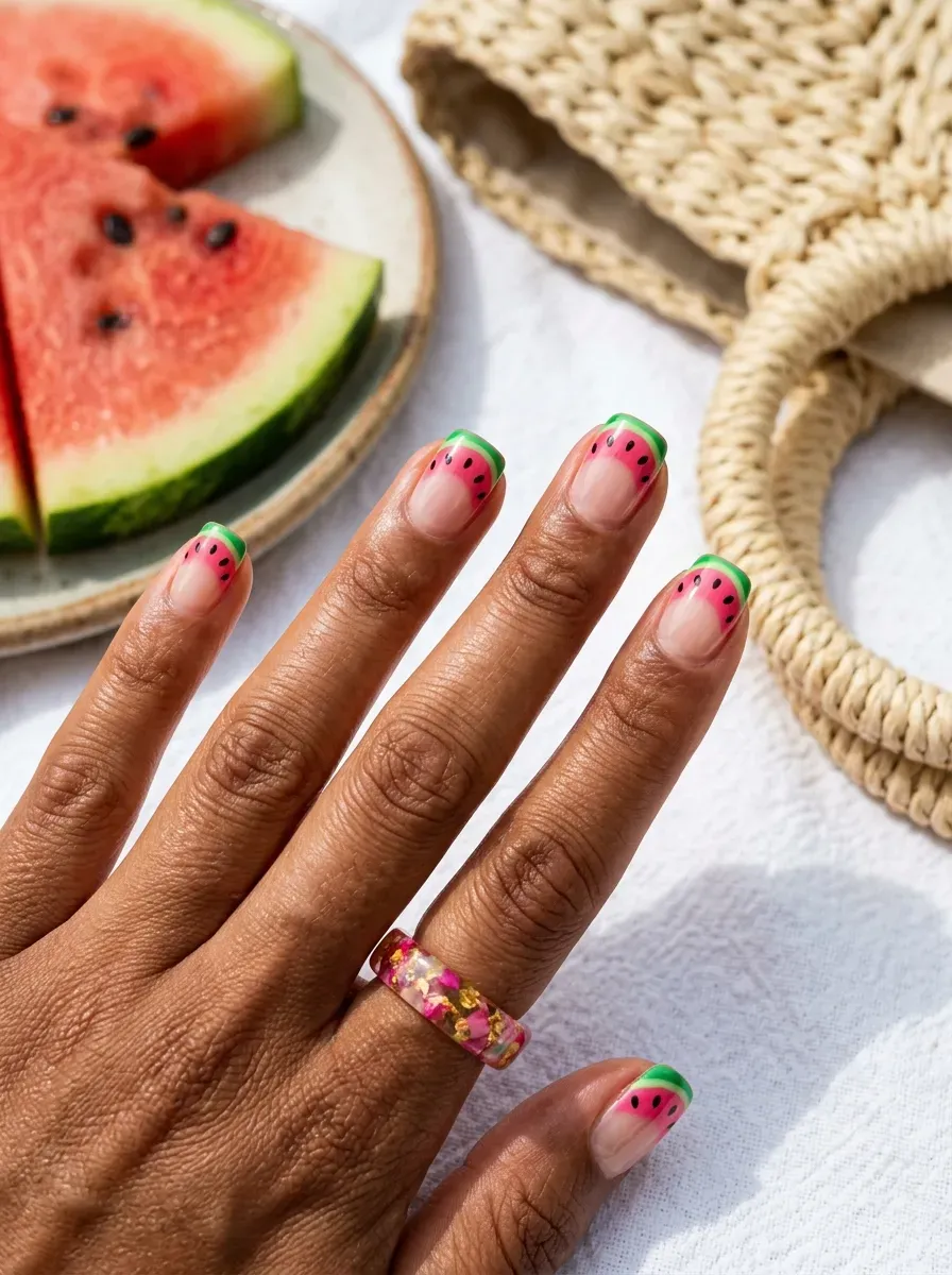 Pink and green watermelon French tips on short nude nails