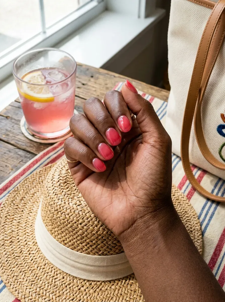 Short rounded nails layered with translucent watermelon pink jelly polish