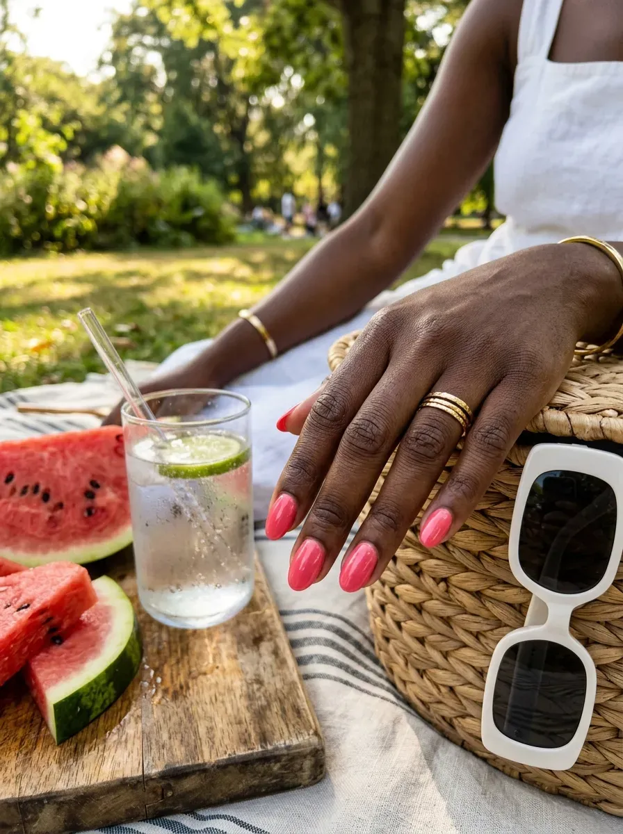 Watermelon pink oval nails on deep brown skin with picnic accessories