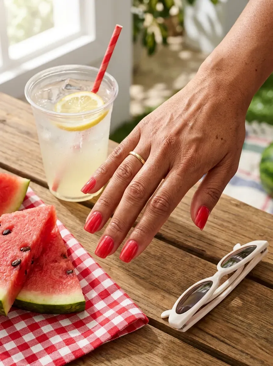 Short squoval nails layered with translucent watermelon red jelly polish