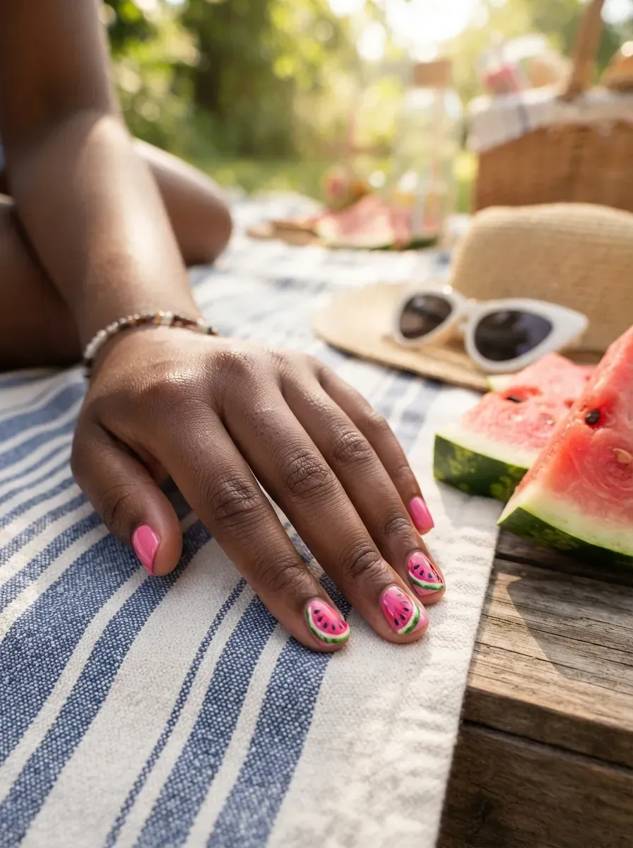 Short pink nails with tiny watermelon slices on two accents