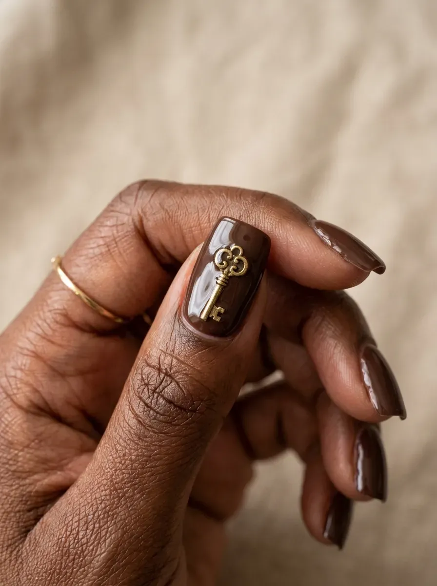 Tiny gold key-shaped charm embedded on an accent nail