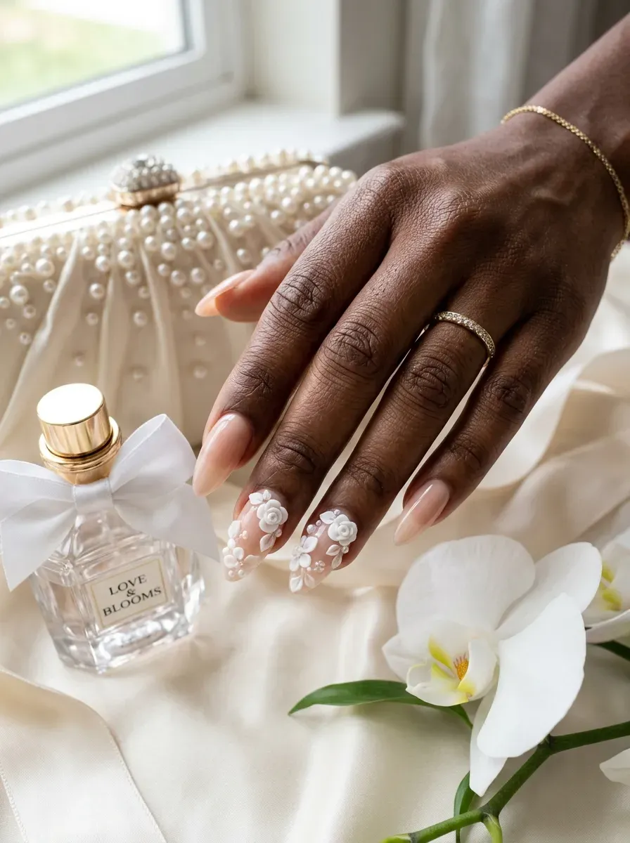 Long almond nails with sculpted white floral accents on deep skin