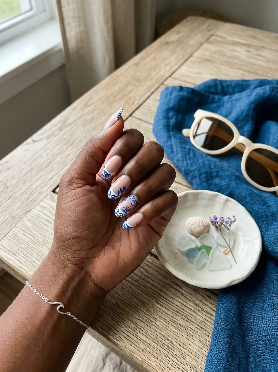 White French tips with blue porcelain details on oval nude nails