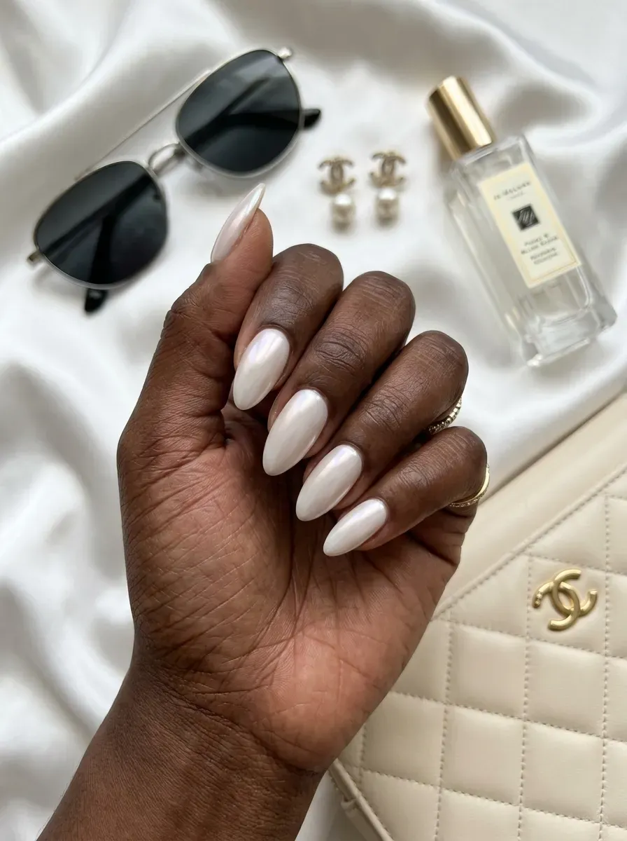 White glazed almond nails on rich dark skin with silver summer accessories