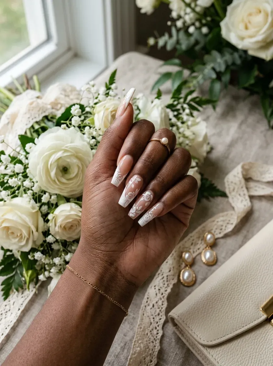 Long coffin nails with white floral French tips on deep brown skin